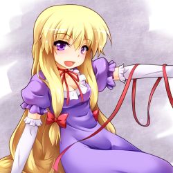 Rule 34 | 1girl, blonde hair, blush, breasts, cleavage, dress, elbow gloves, female focus, gloves, hair ribbon, highres, long hair, looking at viewer, no headwear, no headwear, open mouth, outstretched arm, purple dress, purple eyes, ribbon, sitting, smile, solo, touhou, white gloves, yakumo yukari, yoshihiro-m