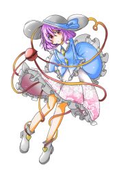 Rule 34 | 1girl, alternate color, black footwear, blue shirt, buttons, chinese commentary, closed mouth, commentary request, diamond button, flat chest, floral print, frilled shirt, frilled shirt collar, frilled skirt, frilled sleeves, frills, full body, hat, hat ribbon, heart, highres, komeiji koishi, komeiji satori, long sleeves, mahoushaojiulilika05836, medium hair, pink eyes, pink hair, pink skirt, ribbon, shirt, simple background, skirt, solo, third eye, touhou, white background, white hat, wide sleeves