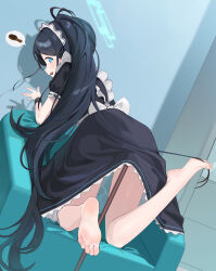 Rule 34 | 1girl, absurdres, aris (blue archive), aris (maid) (blue archive), barefoot, black dress, black hair, blue archive, blue eyes, chuck (harfmoondark), commentary request, dress, feet, female focus, from behind, full body, halo, highres, long hair, looking at viewer, looking back, maid, maid headdress, open mouth, partial commentary, puffy sleeves, soles, solo, speech bubble, toes, very long hair