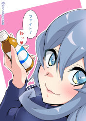 Rule 34 | 1girl, blue eyes, blue hair, bottle, commentary request, employee uniform, gotland (kancolle), highres, holding, holding bottle, kanade (kanadeya), kantai collection, lawson, long sleeves, mole, mole under eye, partial commentary, shirt, smile, solo, speech bubble, striped clothes, striped shirt, translation request, uniform, vertical-striped clothes, vertical-striped shirt