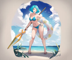 Rule 34 | 1girl, 2023, bare arms, bare legs, bare shoulders, beach, beach umbrella, bikini, blue bikini, blue hair, blue sky, bracer, breasts, cawfield, clip studio paint (medium), cloud, cloudy sky, commentary, day, english commentary, feet, halterneck, hand on own hip, highres, holding, horizon, innertube, large breasts, leaning to the side, looking at viewer, nail polish, navel, ocean, open mouth, original, outdoors, purple nails, rock, sandals, shore, short hair, side-tie bikini bottom, signature, simple bird, sky, smile, solo, standing, stomach, swim ring, swimsuit, teeth, toenail polish, toenails, toes, umbrella, upper teeth only, water, yellow eyes