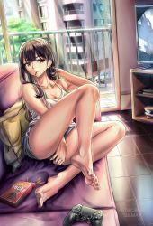 Rule 34 | 1girl, absurdres, bare shoulders, barefoot, black hair, blue shorts, book, breasts, brown eyes, building, cleavage, closed mouth, collarbone, controller, couch, door, food, food in mouth, glass door, hand up, highres, indoors, leg up, long hair, looking at viewer, medium breasts, original, pocky, short shorts, shorts, sitting, snack, solo, tank top, television, window, yuki jp2016