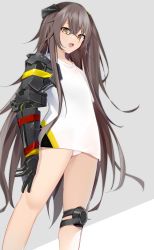 Rule 34 | 1girl, absurdres, brown hair, commentary, english commentary, feet out of frame, flat chest, from below, girls&#039; frontline, gradient background, hair between eyes, hair ornament, highres, kotoha (kotoha65), long hair, looking at viewer, mod3 (girls&#039; frontline), no pants, open mouth, panties, prosthesis, prosthetic arm, scar, scar across eye, shirt, solo, standing, teeth, ump45 (girls&#039; frontline), ump45 (mod3) (girls&#039; frontline), underwear, upper teeth only, very long hair, white shirt, yellow eyes