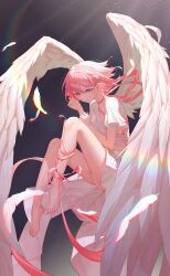 Rule 34 | 1girl, absurdres, angel, angel wings, bai ou (crazy ones), barefoot, crazy ones, dress, highres, official art, panties, pink eyes, pink hair, pink ribbon, ribbon, short dress, short sleeves, solo, underwear, white dress, white panties, wide sleeves, wings