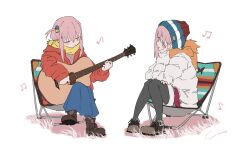Rule 34 | 2girls, bocchi the rock!, camping chair, coat, color connection, commentary, company connection, crossover, gotoh hitori, guitar, hair color connection, highres, holding, holding instrument, instrument, kagamihara nadeshiko, multiple girls, music, musical note, pink hair, playing instrument, scarf, sitting, white background, winter clothes, yo na, yurucamp