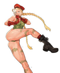 Rule 34 | 1girl, ahoge, beret, blonde hair, blue eyes, bodypaint, boots, braid, cammy white, camouflage, combat boots, facial scar, fingerless gloves, gloves, green leotard, hat, legs, leotard, long hair, scar, scar on cheek, scar on face, simple background, solo, starshadowmagician, street fighter, sweat, thong leotard, twin braids, white background