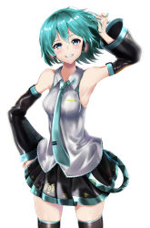 Rule 34 | absurdres, alternate hair length, alternate hairstyle, aqua eyes, aqua hair, aqua nails, aqua necktie, bad id, bad pixiv id, bare shoulders, belt, black skirt, black sleeves, black thighhighs, blush, commentary, cowboy shot, detached sleeves, grey shirt, grin, hand in own hair, hand on own hip, hand up, hatsune miku, headphones, headset, highres, impossible clothes, impossible shirt, itogari, looking at viewer, nail polish, necktie, pleated skirt, raised eyebrow, shirt, short hair, shoulder tattoo, skirt, sleeveless, sleeveless shirt, smile, solo, standing, tattoo, thighhighs, vocaloid, white background, zettai ryouiki