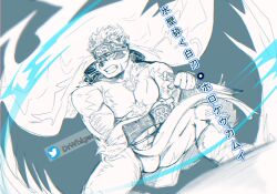 Rule 34 | 1boy, ainu clothes, animal ears, bara, bulge, chest hair, clenched teeth, clothes lift, dagger, dr whiger, foot out of frame, furry, furry male, grey fur, highres, holding, holding dagger, holding knife, holding weapon, horkeu kamui, jacket, jacket on shoulders, knife, large pectorals, male focus, monochrome, muscular, muscular male, pectorals, pelvic curtain, pelvic curtain lift, solo, spot color, squatting, teeth, tokyo houkago summoners, translation request, two-tone fur, weapon, white fur, wind, wolf boy, wolf ears