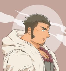 Rule 34 | 1boy, bara, bead necklace, beads, chest hair, close-up, cross scar, facial hair, from side, highres, hood, hood down, hooded jacket, houzouin oniwaka, jacket, jewelry, long sideburns, looking at another, male focus, muscular, muscular male, necklace, open clothes, open jacket, pectorals, scar, scar on face, scar on forehead, short hair, sideburns, sidepec, solo, stubble, tokyo houkago summoners, white jacket, yanutorie
