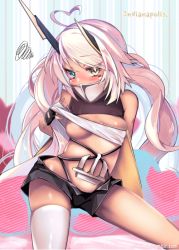 Rule 34 | 1girl, ahoge, anchor, arm behind back, artist name, azur lane, bandeau, bare shoulders, black gloves, black shorts, blue eyes, blush, breasts, character name, clothes pull, contrapposto, cowboy shot, dark-skinned female, dark skin, eyebrows, eyes visible through hair, facepaint, facing viewer, fingerless gloves, gloves, hand under clothes, heart, heart ahoge, heterochromia, indianapolis (azur lane), ittokyu, legs apart, long hair, looking at viewer, medium breasts, multicolored background, open fly, pink hair, shorts, single thighhigh, solo, squiggle, standing, striped, striped background, thighhighs, tsurime, tumblr username, turtleneck, twintails, underboob, vertical stripes, very long hair, watermark, web address, white thighhighs, yellow eyes, zettai ryouiki
