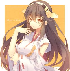 Rule 34 | 10s, 1girl, bad id, bad pixiv id, black hair, boots, brown eyes, brown hair, detached sleeves, hair between eyes, hair ornament, hairband, hairclip, haruna (kancolle), headgear, japanese clothes, kantai collection, long hair, mugura, nontraditional miko, ribbon-trimmed sleeves, ribbon trim, skirt, solo, thigh boots, thighhighs, twitter username, wide sleeves