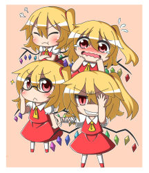 Rule 34 | 4girls, :&lt;, :t, ascot, asymmetrical hair, bandages, bespectacled, blonde hair, blush, chibi, clone, closed eyes, fang, feiton, flandre scarlet, flying sweatdrops, four of a kind (touhou), glasses, hat, multiple girls, multiple persona, open mouth, red eyes, ribbon, short hair, side ponytail, simple background, skirt, slit pupils, smile, tears, touhou, wavy mouth, wings