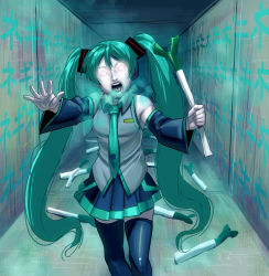 Rule 34 | 1girl, aqua hair, bad id, bad pixiv id, creepy, detached sleeves, drooling, empty eyes, hatsune miku, headphones, headset, horror (theme), kouno (masao), long hair, necktie, onion, open mouth, outstretched arms, outstretched hand, parody, saliva, shirt, skirt, sleeveless, sleeveless shirt, solo, spring onion, thighhighs, translation request, twintails, very long hair, vocaloid, zombie