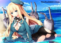 Rule 34 | 10s, 1girl, atago (kancolle), bare shoulders, beach, blonde hair, blue eyes, blush, breasts, cleavage, day, female focus, gloves, hat, kaho okashii, kantai collection, large breasts, long hair, looking at viewer, lying, ocean, on side, open mouth, outdoors, pantyhose, sand, solo, torn clothes, torn pantyhose, water, watermark, wet