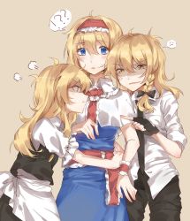 Rule 34 | !, !?, 3girls, ?, alice margatroid, anger vein, angry, apron, bad id, bad pixiv id, black gloves, black necktie, black pants, black skirt, black vest, blonde hair, blue dress, bow, braid, brown background, capelet, collared shirt, dress, dual persona, fingerless gloves, frilled sleeves, frills, girl sandwich, gloves, hair bow, hairband, highres, hug, jealous, kirisame marisa, long hair, looking at another, meng ziya, multiple girls, necktie, pants, pointing, pointing at another, pout, ribbon, sandwiched, shaded face, shirt, short hair, short sleeves, simple background, single braid, skirt, sleeves rolled up, spoken anger vein, spoken exclamation mark, spoken question mark, talking, touhou, untucked shirt, vest, waist apron, white shirt, wrist cuffs, yellow eyes, yuri
