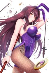 Rule 34 | 1girl, absurdres, animal ears, bare shoulders, blush, breasts, cleavage, coin, detached collar, fake animal ears, fate/grand order, fate (series), fishnet pantyhose, fishnets, gae bolg (fate), hair between eyes, highleg, highleg leotard, highres, large breasts, leotard, long hair, looking at viewer, official alternate costume, pantyhose, playboy bunny, polearm, purple hair, purple leotard, rabbit ears, red eyes, scathach (fate), scathach (piercing bunny) (fate), smile, spear, tachibana yuu (shika), thighs, weapon, wrist cuffs
