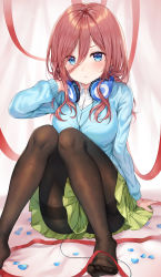 Rule 34 | 1girl, :t, absurdres, arm support, ass, blue cardigan, blue eyes, blush, breasts, brown pantyhose, button gap, buttons, cable, cardigan, closed mouth, clothes between thighs, collared shirt, feet, fine fabric emphasis, go-toubun no hanayome, green skirt, hair between eyes, hand up, headphones, headphones around neck, highres, knees together feet apart, knees up, light particles, long hair, looking at viewer, medium breasts, miniskirt, nakano miku, no shoes, pantyhose, pleated skirt, pout, red hair, red ribbon, ribbon, school uniform, shirt, sidelocks, sitting, skirt, solo, thighband pantyhose, tokkyu, undershirt, v-shaped eyebrows, white shirt
