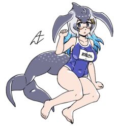 Rule 34 | 1girl, acesrulez, alternate costume, anchor hair ornament, bare arms, bare legs, bare shoulders, barefoot, blowhole, blue eyes, blue hair, blue one-piece swimsuit, blue whale (kemono friends), blush, breasts, cetacean tail, collarbone, dorsal fin, fins, fish tail, glasses, grey hair, hair between eyes, hair ornament, head fins, kemono friends, large breasts, long hair, multicolored hair, name tag, navel, one-piece swimsuit, school swimsuit, semi-rimless eyewear, sidelocks, solo, swimsuit, tail, translation request, whale girl