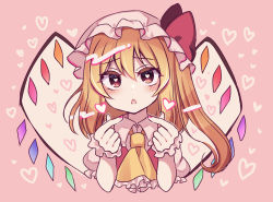 Rule 34 | 1girl, ascot, blonde hair, cropped torso, crystal, flandre scarlet, hat, hat ribbon, heart, heart-shaped pupils, highres, looking at viewer, medium hair, mob cap, nail polish, one side up, open clothes, pink background, rainbow order, red eyes, red nails, red ribbon, ribbon, short sleeves, solo, subaru (subachoco), symbol-shaped pupils, touhou, white hat, wings, wrist cuffs, yellow ascot