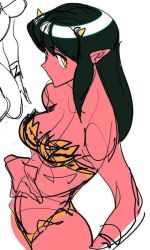 Rule 34 | 1girl, black hair, blush, breasts, cleavage, colored skin, horns, large breasts, long hair, oni horns, pointy ears, red skin, solo, suggestive, watatanza, yellow eyes