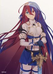 Rule 34 | 1girl, alear (female) (fire emblem), alear (fire emblem), blue eyes, blue gloves, blue hair, blue skirt, breasts, cape, closed mouth, commentary request, crml orng, crossed bangs, fire emblem, fire emblem engage, gloves, hair between eyes, heterochromia, highres, holding, holding sword, holding weapon, long hair, long sleeves, looking away, medium breasts, multicolored hair, nintendo, red cape, red eyes, red hair, simple background, skirt, smile, solo, split-color hair, sword, tiara, twitter username, two-tone hair, very long hair, weapon, white background
