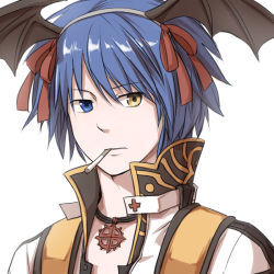 Rule 34 | 1boy, arch bishop (ragnarok online), black coat, black wings, blue eyes, blue hair, cigarette, closed mouth, coat, commentary request, demon wings, expressionless, fake wings, grey hairband, hair ribbon, hairband, head wings, heterochromia, jacket, jewelry, looking at viewer, natsuya (kuttuki), necklace, ragnarok online, red ribbon, ribbon, short hair, simple background, solo, upper body, white background, white jacket, wings, yellow eyes