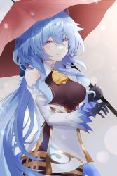 Rule 34 | absurdres, bare shoulders, bell, black gloves, black legwear, blue hair, blush, breasts, detached sleeves, ganyu (genshin impact), genshin impact, gloves, gold trim, highres, holding, holding umbrella, horns, imblossoms, long hair, looking at viewer, low ponytail, medium breasts, neck bell, purple eyes, sidelocks, smile, snowflakes, solo, thighlet, umbrella, white sleeves