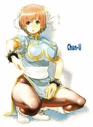 Rule 34 | 1girl, boots, bracelet, brown hair, bun cover, canbee, capcom, chinese clothes, chun-li, double bun, highres, jewelry, pantyhose, pelvic curtain, short hair, solo, spiked bracelet, spikes, street fighter