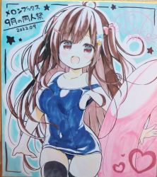 Rule 34 | 1girl, :d, ahoge, bare arms, bare shoulders, black thighhighs, blue one-piece swimsuit, blush, breasts, brown hair, cleavage, collarbone, commentary request, covered navel, dated, hanamiya natsuka, innertube, large breasts, long hair, looking at viewer, old school swimsuit, one-piece swimsuit, open mouth, original, outstretched arm, red eyes, school swimsuit, signature, smile, solo, strap slip, swim ring, swimsuit, thighhighs, traditional media, two side up, very long hair