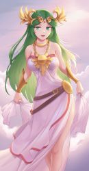 Rule 34 | 1girl, absurdres, ancient greek clothes, awan0918, bare shoulders, blush, breasts, chiton, cloud, dress, green eyes, green hair, highres, jewelry, kid icarus, large breasts, long hair, looking at viewer, necklace, nintendo, open mouth, palutena, single thighhigh, sky, smile, solo, super smash bros., thighhighs, tiara, very long hair
