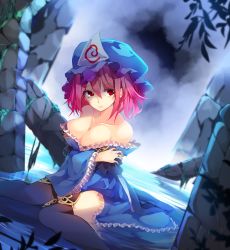 Rule 34 | 1girl, bare shoulders, black thighhighs, blue dress, blue hat, breasts, chiroru (cheese-roll), cleavage, closed mouth, collarbone, commentary request, dress, dutch angle, feet out of frame, fog, frilled dress, frills, grabbing own arm, hair between eyes, hat, highres, large breasts, long sleeves, looking to the side, mob cap, off-shoulder dress, off shoulder, pillar, pink hair, plant, red eyes, ripples, saigyouji yuyuko, short hair, solo, stone, thighhighs, thighs, touhou, triangular headpiece, water, wide sleeves, zettai ryouiki