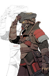 Rule 34 | 1other, ambiguous gender, androgynous, apex legends, armor, assault rifle, bloodhound (apex legends), bloody buccaneer bloodhound, brown gloves, cable, commentary, english commentary, eureka1812, gloves, goggles, gun, hat, highres, holding, holding gun, holding weapon, official alternate costume, pirate hat, rebreather, rifle, simple background, solo, vk-47 flatline, weapon, white background