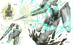 Rule 34 | 1boy, abs, aqua hair, bara, centaur, charging forward, clenched teeth, collage, cyborg, electricity, fighting stance, full body, glowing, glowing hair, highres, holding, holding polearm, holding shield, holding weapon, large pectorals, long hair, looking at viewer, male focus, monster boy, muscular, muscular male, navel, navel hair, original, pectorals, polearm, ponytail, sagami jon, shield, short hair, sideburns, stomach, taur, teeth, topless male, weapon