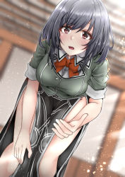 Rule 34 | 1girl, aga marino, alternate costume, bad id, bad pixiv id, bent over, black hair, blush, bow, bowtie, breasts, commentary request, cosplay, green jacket, jacket, kantai collection, large breasts, looking at viewer, nose blush, pelvic curtain, red bow, red bowtie, red eyes, short hair, short sleeves, side slit, solo, tone (kancolle), tone (kantai collection) (cosplay), yamashiro (kancolle)