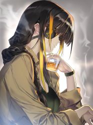Rule 34 | 1girl, alcohol, braid, breasts, brown hair, cigarette, cup, eyepatch, from side, girls&#039; frontline, hair over shoulder, highres, holding, holding cup, ice, ice cube, long hair, long sleeves, m16a1 (girls&#039; frontline), multicolored hair, nakamura takeshi, open clothes, open shirt, scar, scar across eye, scar on face, shirt, simple background, single braid, smile, smoke, smoking, solo, streaked hair, tank top, whiskey, wristband