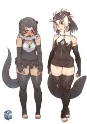 Rule 34 | 2girls, animal ears, antenna hair, arms at sides, artist logo, bare shoulders, borrowed character, brown eyes, brown hair, closed mouth, elbow gloves, extra ears, fingerless gloves, frilled swimsuit, frills, fur collar, giant otter (kemono friends), giant otter (kemono friends) (kuro (kurojill)), gloves, grey hair, kemono friends, kishida shiki, looking at another, looking down, medium hair, multicolored hair, multiple girls, one-piece swimsuit, original, otter ears, otter girl, otter tail, red eyes, sharp teeth, short hair, simple background, standing, swimsuit, tail, tan, teeth, thighhighs, toeless legwear, toenails, toes, two-tone hair, walking, white background, white hair, zipper, zipper pull tab