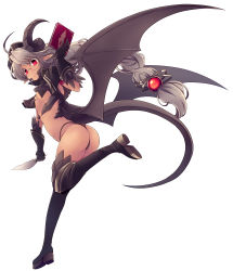 Rule 34 | 1girl, ahoge, ass, black gloves, black thighhighs, book, boots, braid, breasts, commentary request, dark-skinned female, dark skin, dragon girl, dragon horns, dragon tail, dragon wings, full body, glasses, gloves, grey hair, highres, hisui (syarute), horns, long hair, original, pixiv fantasia, pixiv fantasia age of starlight, pointy ears, quill, red eyes, revealing clothes, scales, small breasts, smile, solo, tail, thigh boots, thighhighs, white background, wings