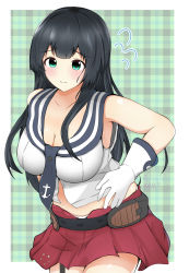 Rule 34 | 1girl, abataa, absurdres, agano (kancolle), black hair, black necktie, black sailor collar, blue eyes, blush, breasts, cleavage, closed mouth, commentary request, cowboy shot, cropped shirt, gloves, highres, kantai collection, large breasts, long hair, necktie, panties, plump, red skirt, sailor collar, school uniform, serafuku, shirt, skirt, solo, underwear, uniform, white gloves, white panties, white shirt