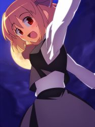 Rule 34 | 1girl, :d, ascot, blonde hair, blush, bow, embodiment of scarlet devil, female focus, full moon, hair bow, kaiza (rider000), looking back, moon, open mouth, outstretched arms, red eyes, rumia, short hair, smile, solo, spread arms, touhou