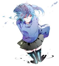 Rule 34 | 1girl, bad id, bad pixiv id, black thighhighs, blue eyes, blue hair, ene (kagerou project), full body, hair between eyes, headphones, kagerou project, long hair, miniskirt, sa-ka-na, simple background, skirt, solo, thighhighs, twintails, vocaloid, white background, yamaha