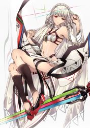 Rule 34 | 10s, 1girl, altera (fate), bare shoulders, black nails, closed mouth, daenarys, dark skin, dark-skinned female, detached sleeves, fate/extella, fate/extra, fate/grand order, fate (series), full body, highres, invisible chair, looking at viewer, midriff, nail polish, navel, photon ray (fate), red eyes, short hair, sitting, solo, sword, tattoo, veil, weapon, white hair