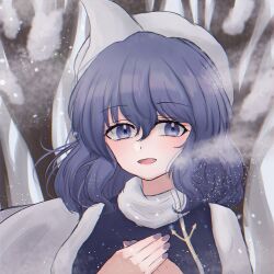 Rule 34 | 1girl, breath, commentary, highres, lapel pin, letterboxed, letty whiterock, looking at viewer, open mouth, pipita, purple eyes, purple hair, snow, snowing, solo, touhou, upper body, white headwear