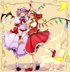 Rule 34 | 2girls, :d, ^ ^, ascot, bad id, bad pixiv id, bat wings, blonde hair, bobby socks, bow, brooch, closed eyes, crescent, dancing, dress, closed eyes, female focus, flandre scarlet, holding hands, happy, hat, hat ribbon, highres, jewelry, multiple girls, musical note, nozaki tsubata, open mouth, purple hair, remilia scarlet, ribbon, siblings, side ponytail, sisters, skirt, skirt set, smile, socks, touhou, wings, wrist cuffs