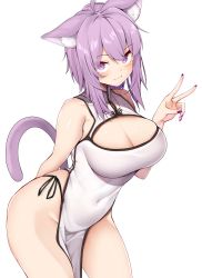 Rule 34 | 1girl, :3, ahoge, alternate breast size, animal ear fluff, animal ears, bare shoulders, blush, breasts, cat ears, cat tail, china dress, chinese clothes, cleavage, cleavage cutout, closed mouth, clothing cutout, commentary, covered navel, dress, head tilt, highres, hololive, karatakewari, large breasts, leaning forward, looking at viewer, nail polish, nekomata okayu, no panties, pelvic curtain, purple eyes, purple hair, purple nails, short hair, sidelocks, simple background, sleeveless, slit pupils, smile, solo, tail, v, virtual youtuber, white background, white dress
