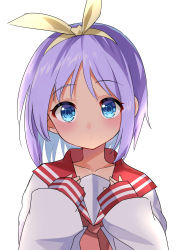 Rule 34 | 1girl, absurdres, blue eyes, commentary request, hairband, highres, hiiragi tsukasa, lucky star, mamadasky, purple hair, red sailor collar, ryouou school uniform, sailor collar, school uniform, short hair, simple background, sleeves past wrists, solo, tareme, upper body, white background, yellow hairband