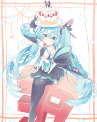 Rule 34 | 1girl, absurdres, blue eyes, blue hair, cake, chuuko anpu, detached sleeves, food, fruit, hatsune miku, highres, long hair, necktie, object on head, plate, sitting, skirt, solo, strawberry, thighhighs, twintails, very long hair, vocaloid