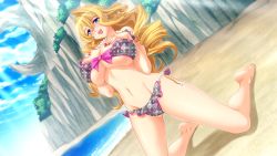 Rule 34 | 1girl, aku no onna kanbu fullmoon night, beach, bikini, blonde hair, blue eyes, blue sky, breasts, cliff, cloud, cloudy sky, diana aamaan, drill hair, female focus, game cg, hands on own chest, kneeling, large breasts, long hair, lune (company), nail polish, navel, nipple slip, nipples, ocean, official art, open mouth, ribbon, sky, solo, swimsuit, water