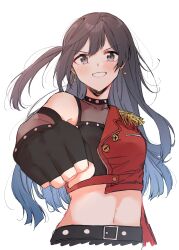 Rule 34 | 1girl, absurdres, belt, belt buckle, black gloves, black hair, blue hair, blush, breasts, buckle, cleavage, collarbone, commentary, dive! (love live!), earrings, fingerless gloves, fist bump, gloves, gradient hair, grey eyes, grin, highres, jewelry, looking at viewer, love live!, love live! nijigasaki high school idol club, midriff, multicolored hair, navel, one side up, scanning, see-through, sidelocks, small breasts, smile, solo, star (symbol), star earrings, upper body, white background, yuki setsuna (love live!)