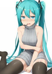 Rule 34 | 1girl, @ @, abmayo, aqua eyes, aqua hair, black thighhighs, blush, breasts, hatsune miku, headset, highres, long hair, meme attire, open mouth, simple background, sitting, small breasts, solo, thighhighs, twintails, very long hair, virgin killer sweater, vocaloid, wariza, white background, zettai ryouiki