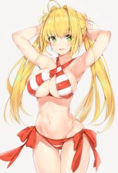 Rule 34 | 1girl, :d, ahoge, armpits, arms up, bare legs, bare shoulders, bikini, blonde hair, blush, breasts, cleavage, collarbone, cowboy shot, criss-cross halter, earrings, fate/grand order, fate (series), gluteal fold, green eyes, grey background, groin, hair between eyes, hair intakes, halterneck, hands in hair, highres, jewelry, large breasts, long hair, looking at viewer, navel, nero claudius (fate), nero claudius (fate) (all), nero claudius (swimsuit caster) (fate), open mouth, side-tie bikini bottom, silver (chenwen), simple background, smile, solo, striped bikini, striped clothes, swimsuit, teeth, thigh gap, twintails, upper teeth only, very long hair
